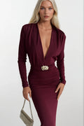 Accessory Detail Omuz And Waist Ruched Burgundy Maxi Dress