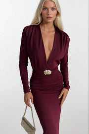 Accessory Detail Shoulder and Waist Shirred Burgundy Maxi Dress