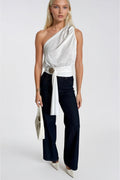 Open Detail One-Shoulder Tie White Blouse