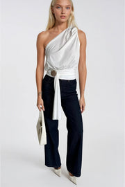 Accessory Detail One Shoulder Tie White Blouse