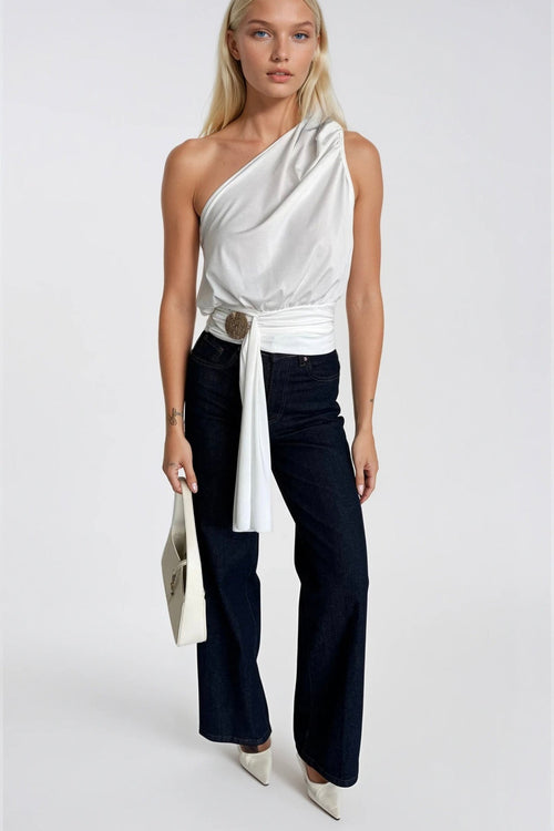 Accessory Detail One Shoulder Tie White Blouse