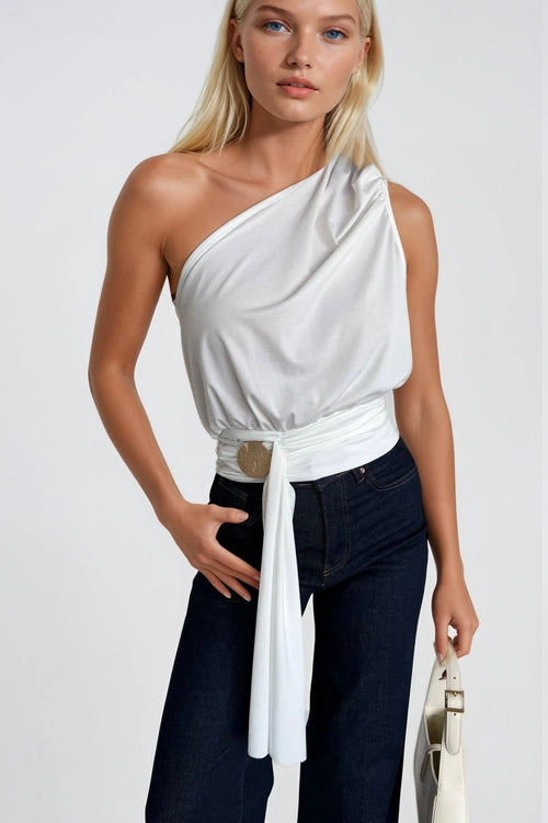 Accessory Detail One-Shoulder Tie-Up White Blouse