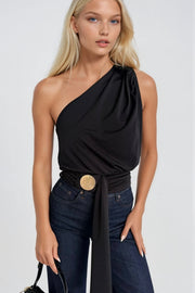 Black One-Shoulder Blouse with Accessory Detail and Tie-Up