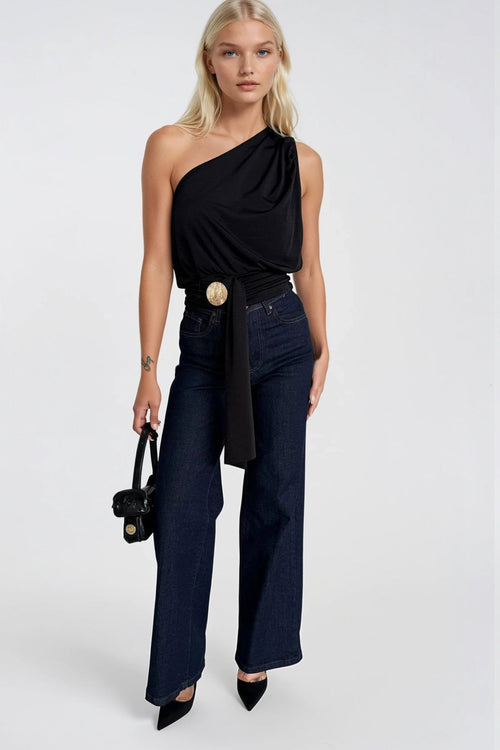 Accessory Detail One-Shoulder Tie-Up Black Blouse