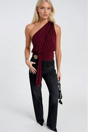 Accessory Detail One-Shoulder Tied Burgundy Blouse