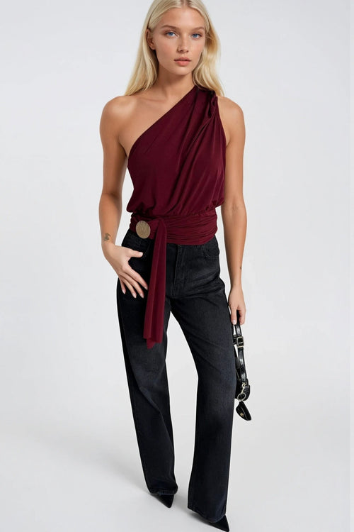 Accessory Detail One-Shoulder Tied Burgundy Blouse