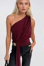 Open Detail One-Shoulder Tie Burgundy Blouse