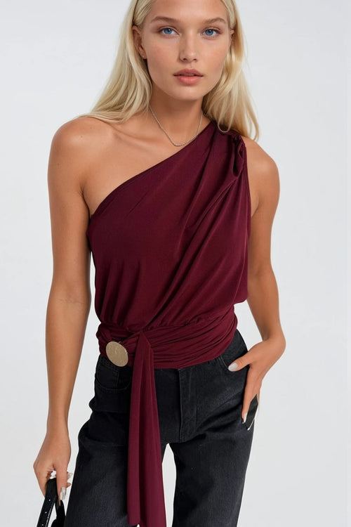 Accessory Detail One-Shoulder Tied Burgundy Blouse