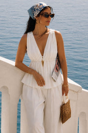 Accessory Detail V-Neck Ruched White Blouse