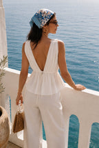 Accessory Detail V-Neck Ruched White Blouse