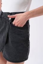 Wrap Denim Mini Black Skirt