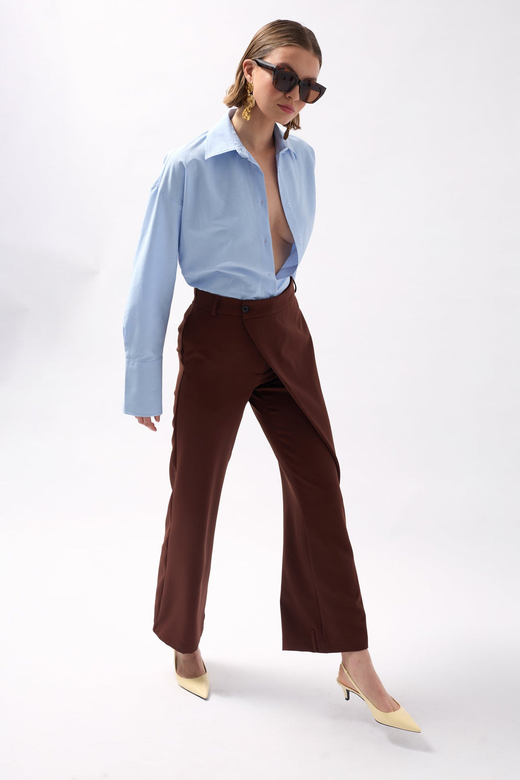 Wrap Detail Asymmetric Brown Pants