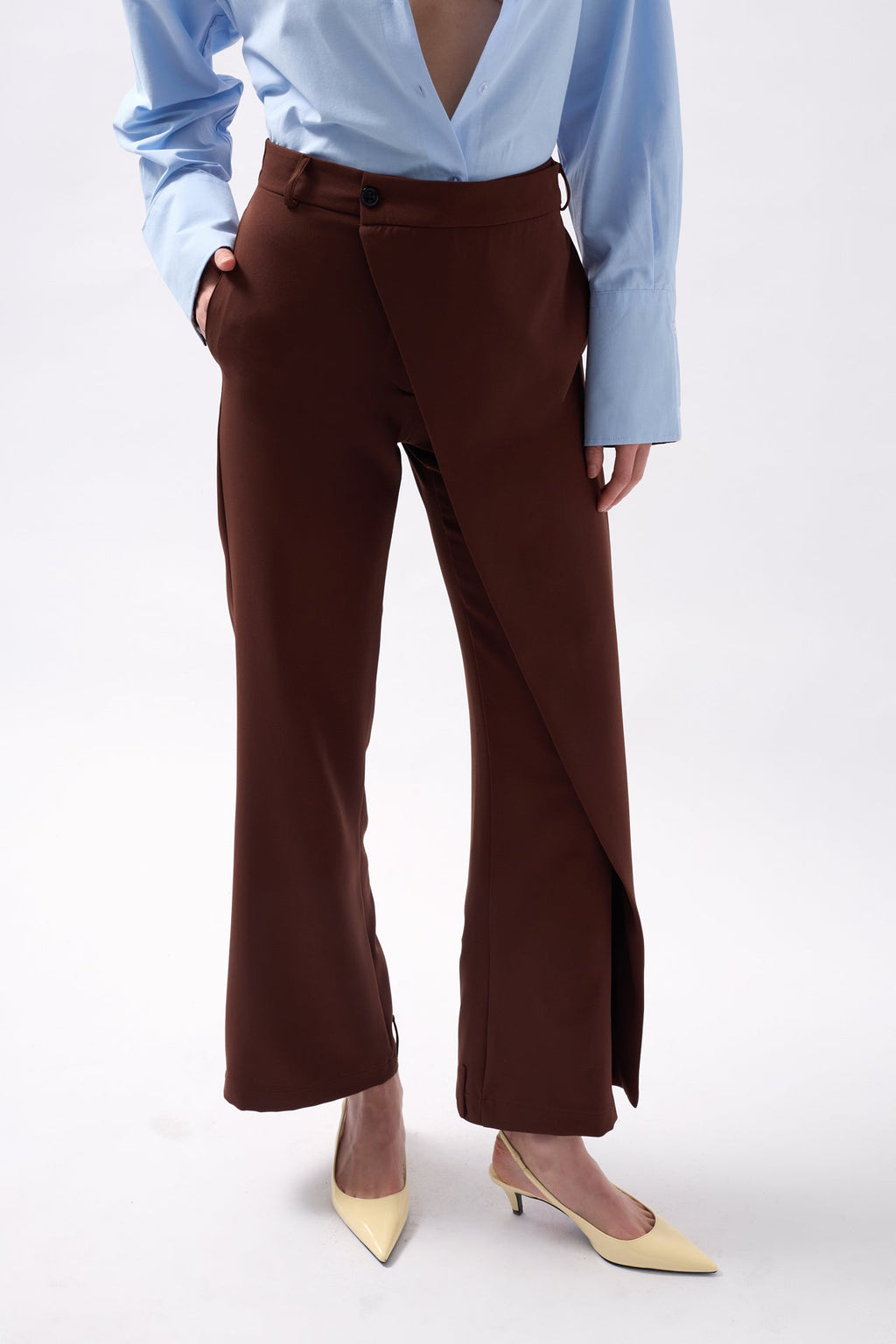 Wrap Detail Asymmetric Brown Pants