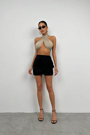Wrap-Tie Black Linen Skirt