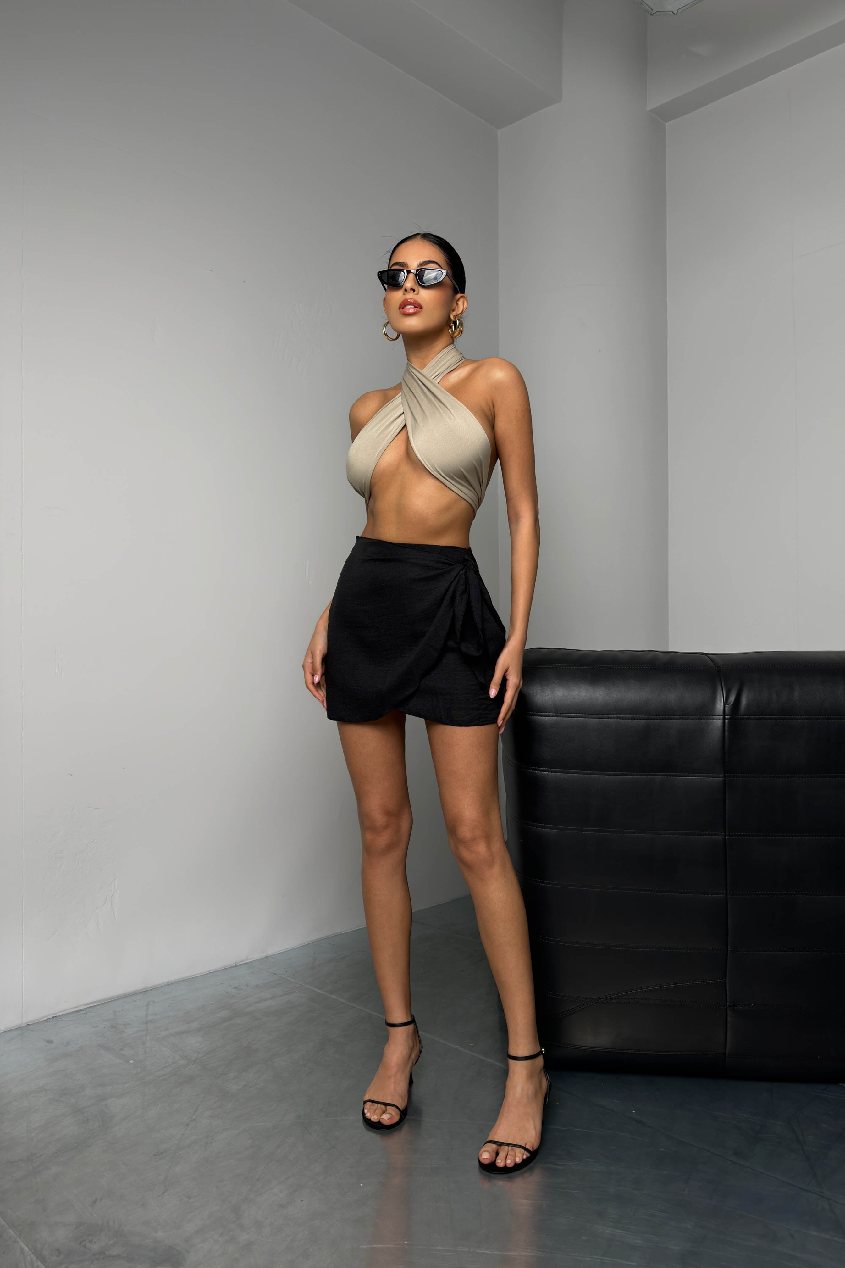 Anvelop Tie Black Linen Skirt