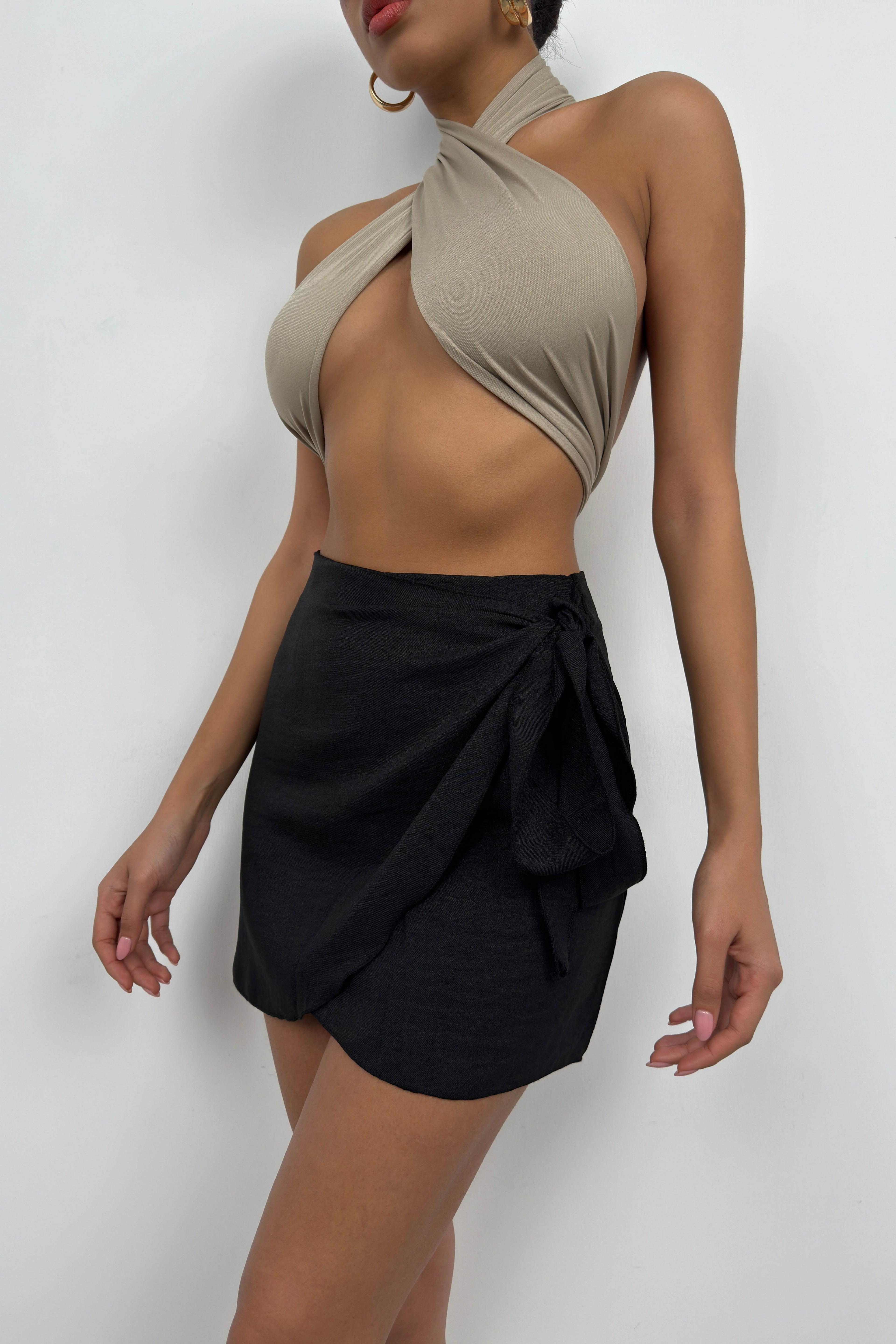 Anvelop Tie Black Linen Skirt