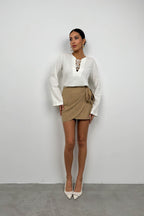 Wrap Tie Camel Linen Skirt
