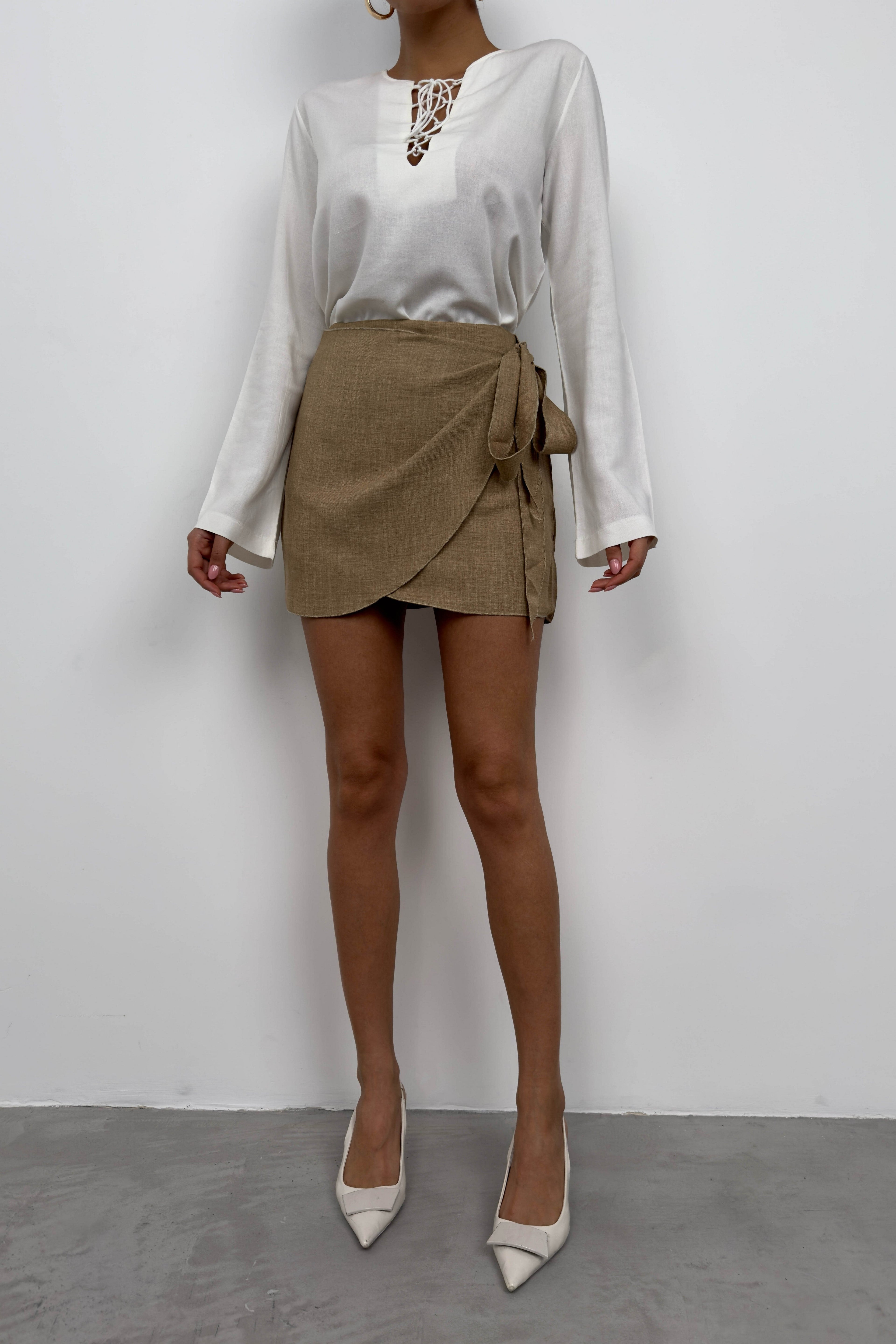 Wrap Tie Camel Linen Skirt