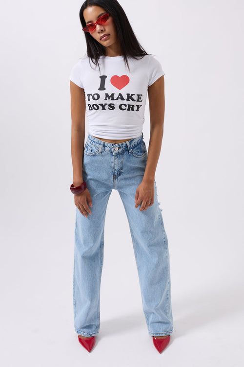 Back Laser Cut Wide Leg Blue Jeans