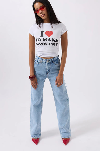 Back Laser Cut Wide Leg Blue Jeans + T-shirt
