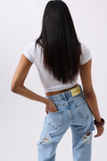 Back Laser Cut Wide Leg Blue Jeans
