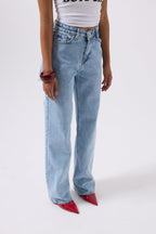 Back Laser Cut Wide Leg Blue Jeans