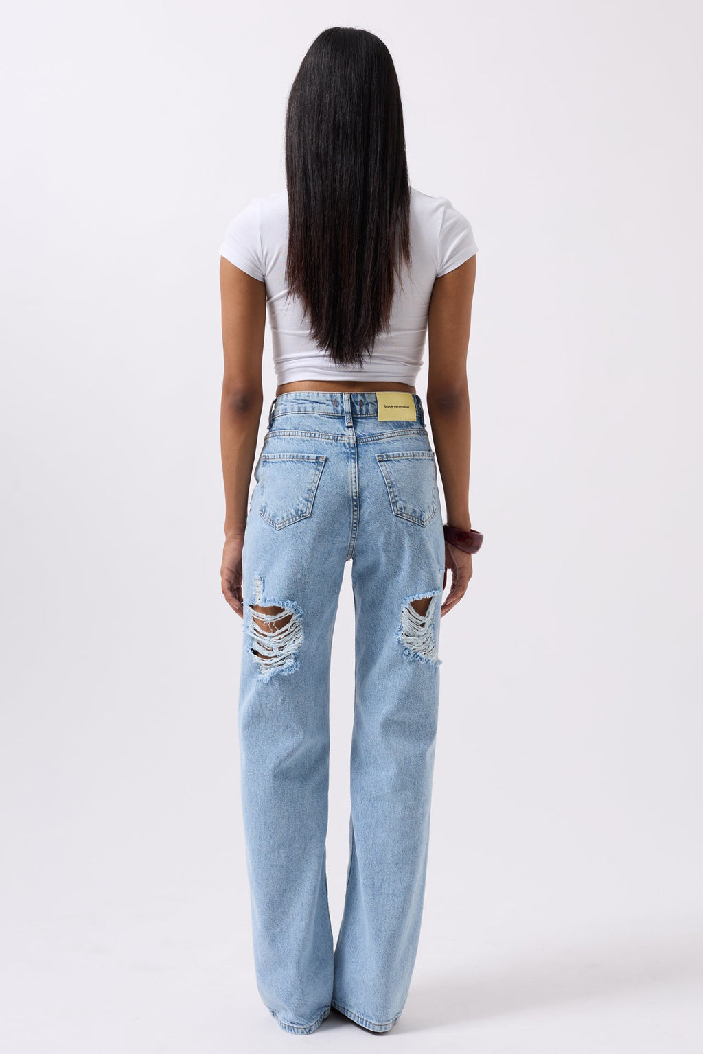 Back Laser Cut Wide Leg Blue Jeans