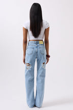 Back Laser Cut Wide Leg Blue Jeans