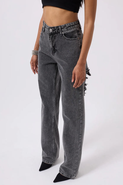 Back Laser Cut Wide Leg Black Jeans + T-shirt