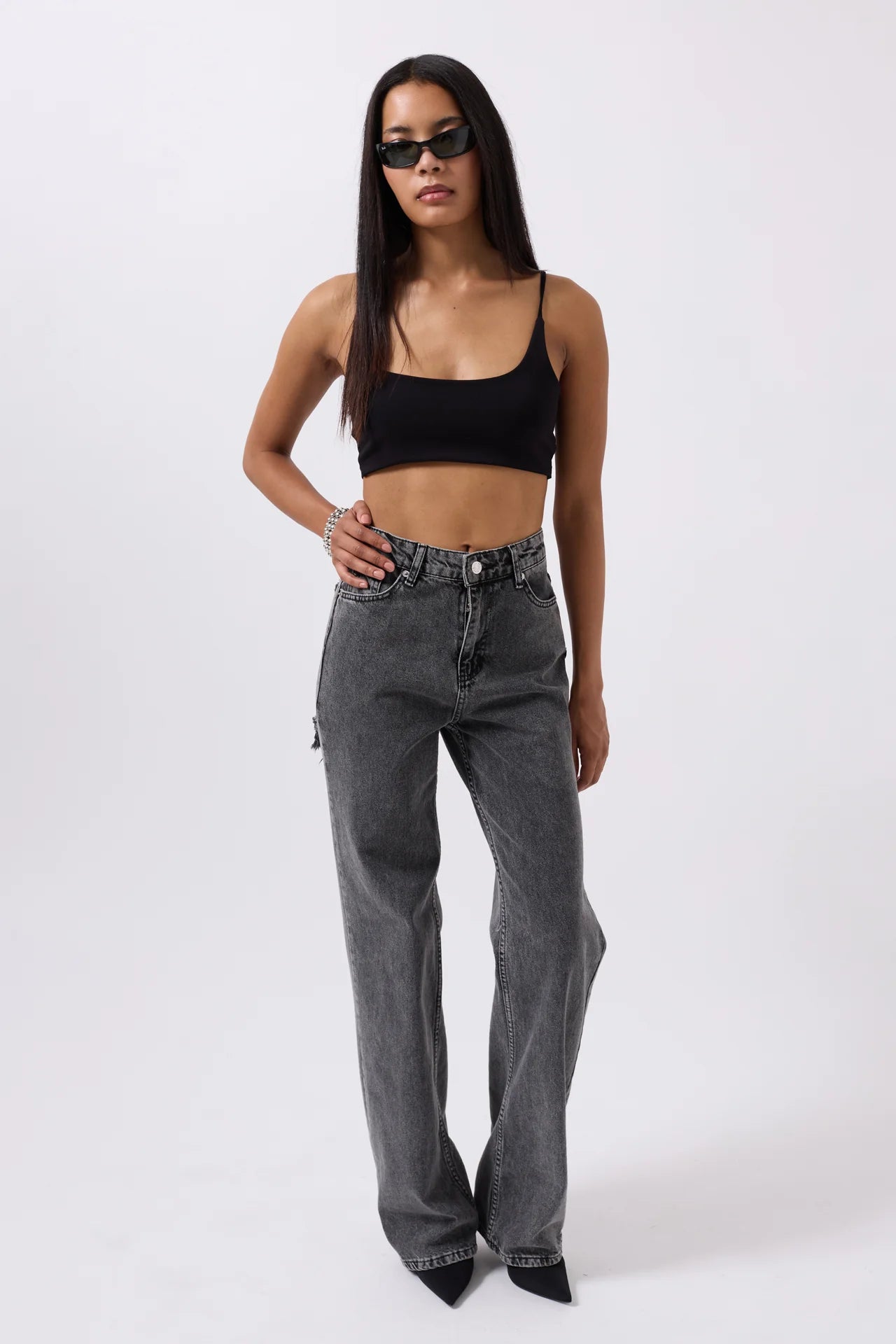 Back Laser Cut Wide Leg Black Jeans + T-shirt