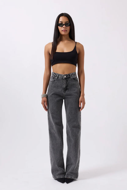 Back Laser Cut Wide Leg Black Jeans + T-shirt