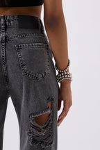Back Laser Cut Wide Leg Black Jeans