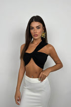 Asymmetric Tie One-Shoulder Black Crop