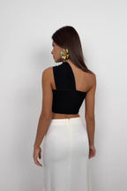 Asymmetric Tie One-Shoulder Black Crop