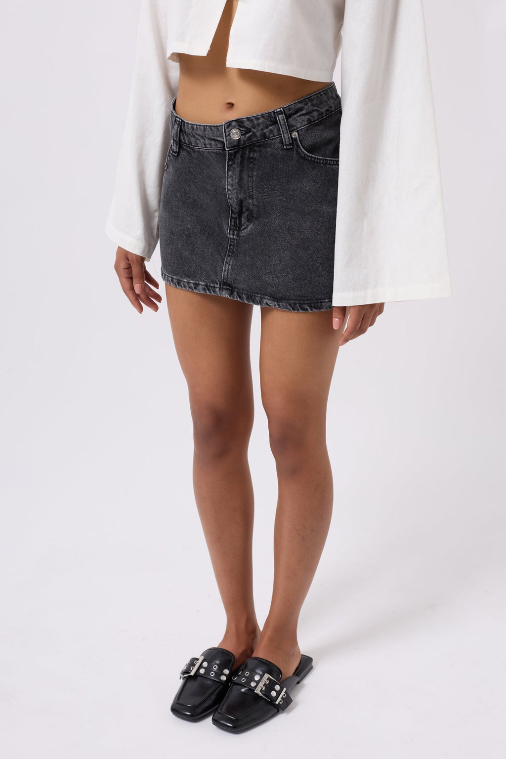 Asymmetric Waist Denim Mini Black Skirt