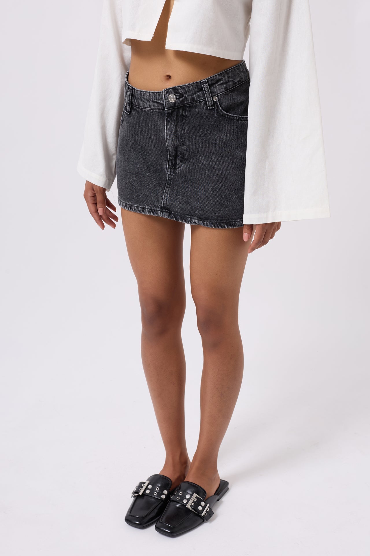 Asymmetric Waist Denim Mini Black Skirt