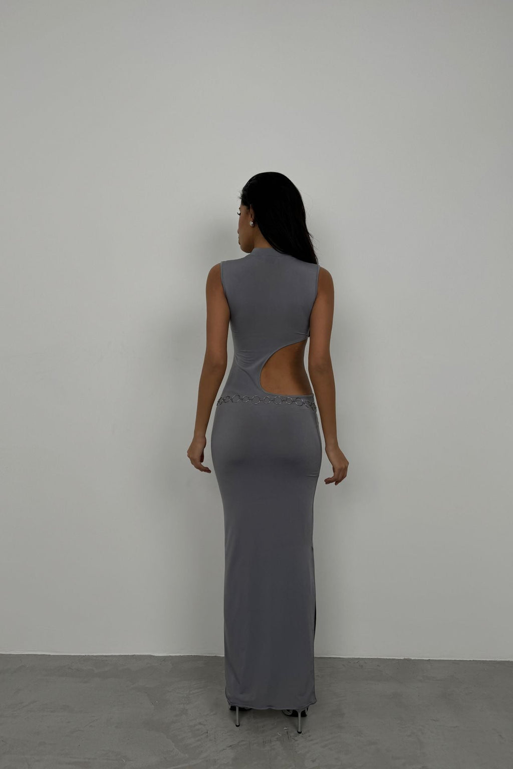 Asymmetric Waist Waistted Gray Uzun Dress
