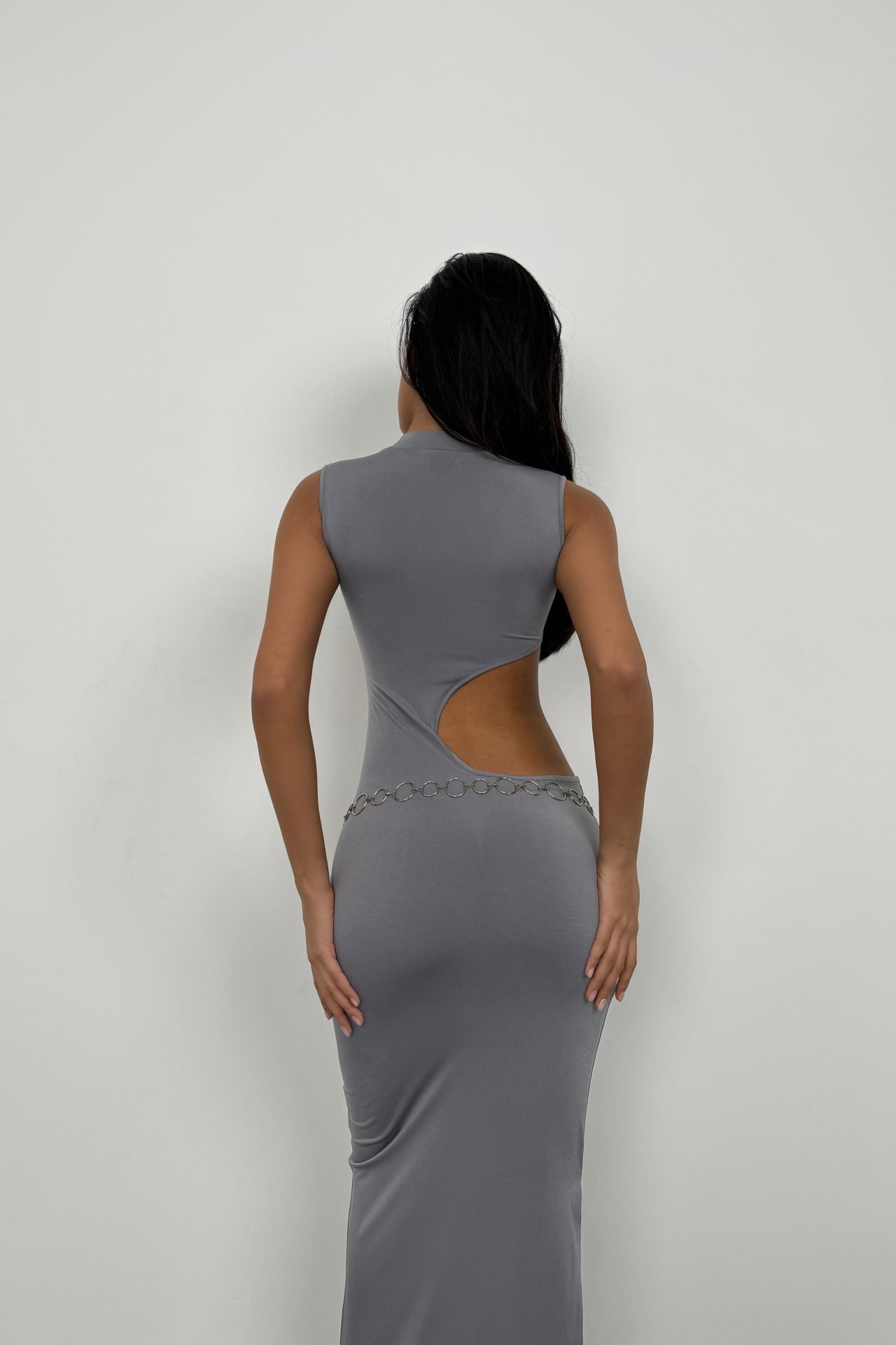 Asymmetric Waist Waistted Gray Uzun Dress