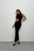 Asymmetric Waist Waistted Black Uzun Dress