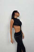 Asymmetric Waist Waistted Black Uzun Dress