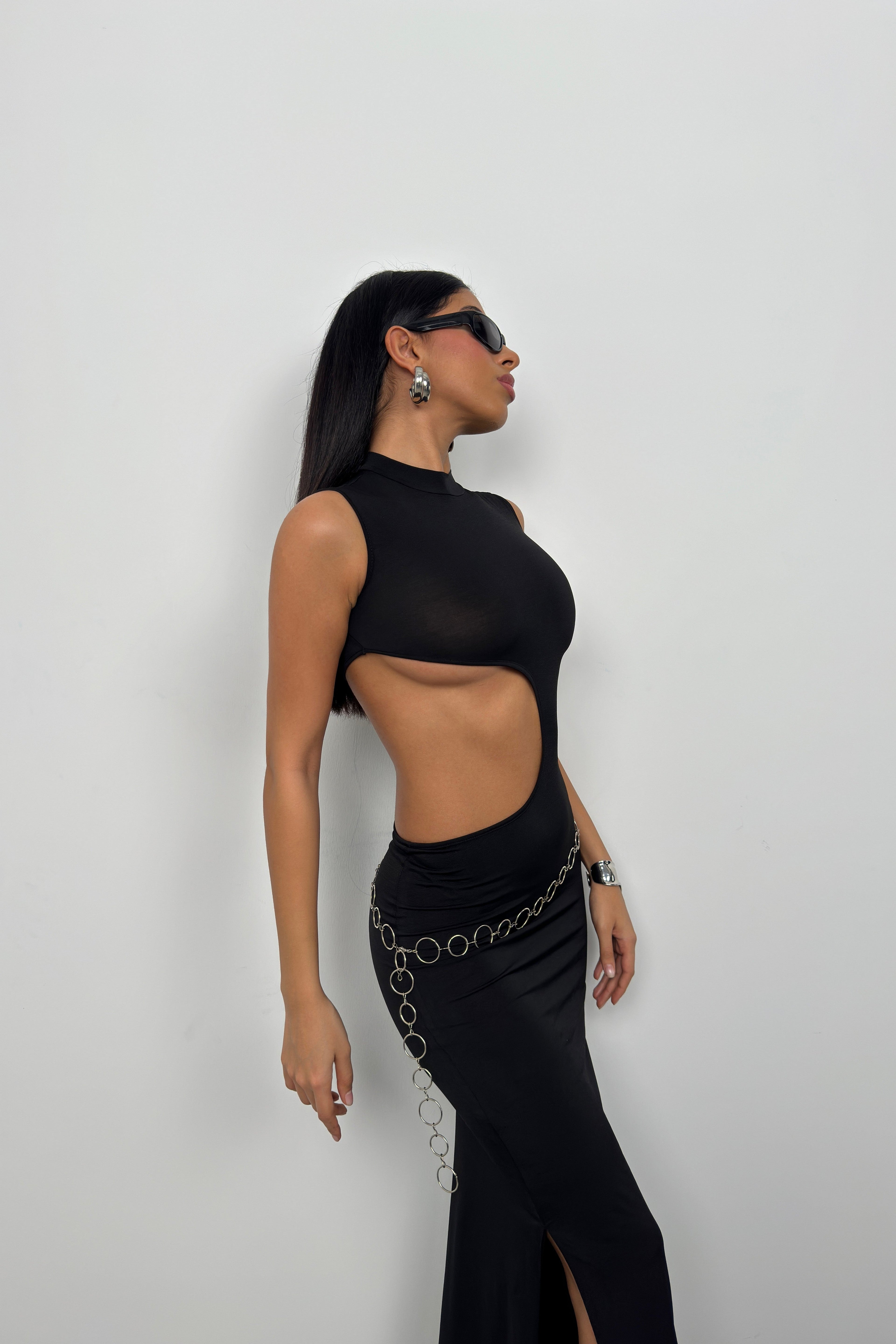 Asymmetric Waist Waistted Black Uzun Dress
