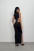 Asymmetric Waist Waistted Black Uzun Dress