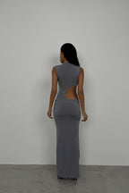 Asymmetric Waist Waistted Gray Uzun Dress