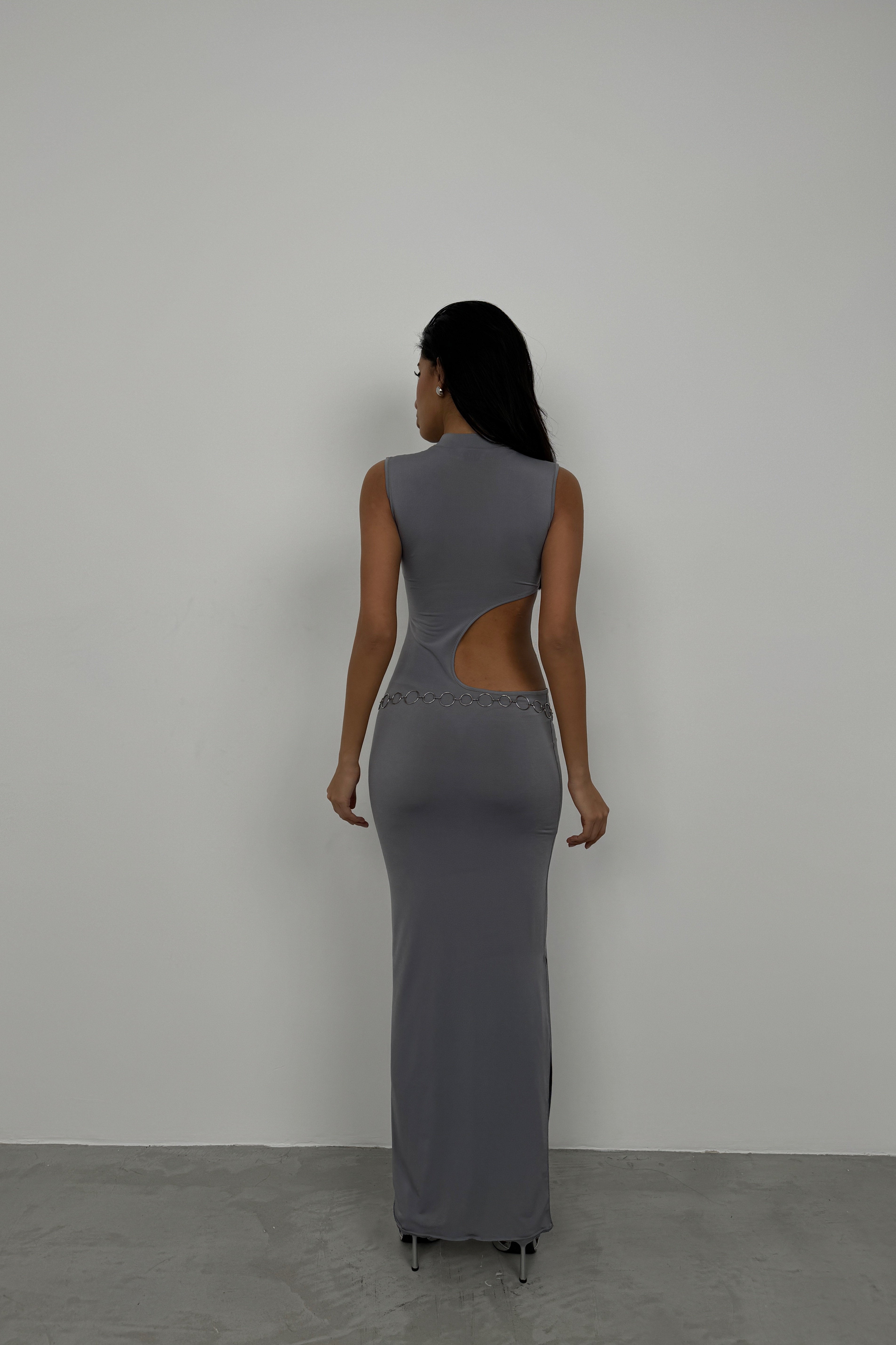 Asymmetric Waist Waistted Gray Uzun Dress