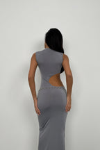 Asymmetric Waist Waistted Gray Uzun Dress