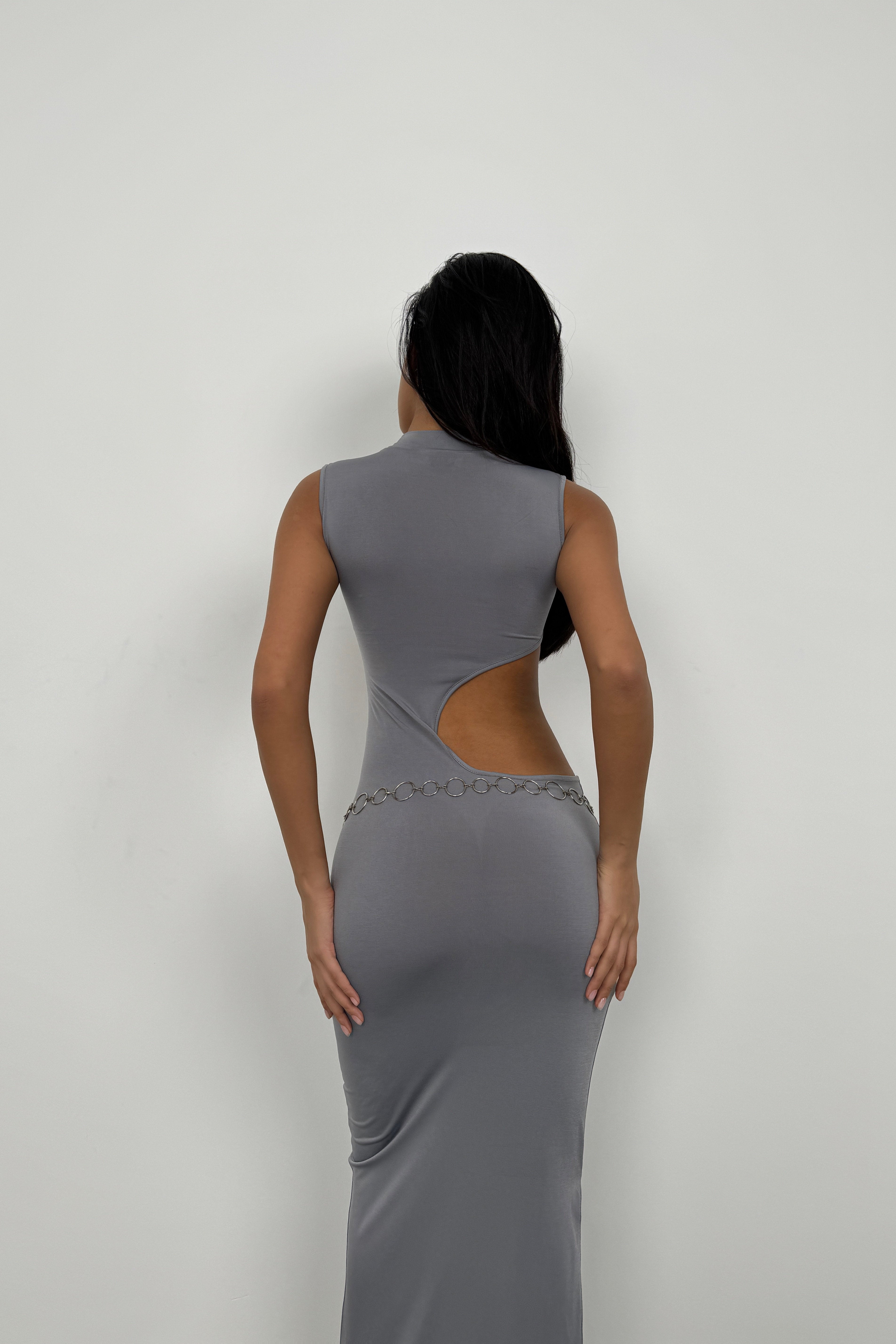 Asymmetric Waist Waistted Gray Uzun Dress