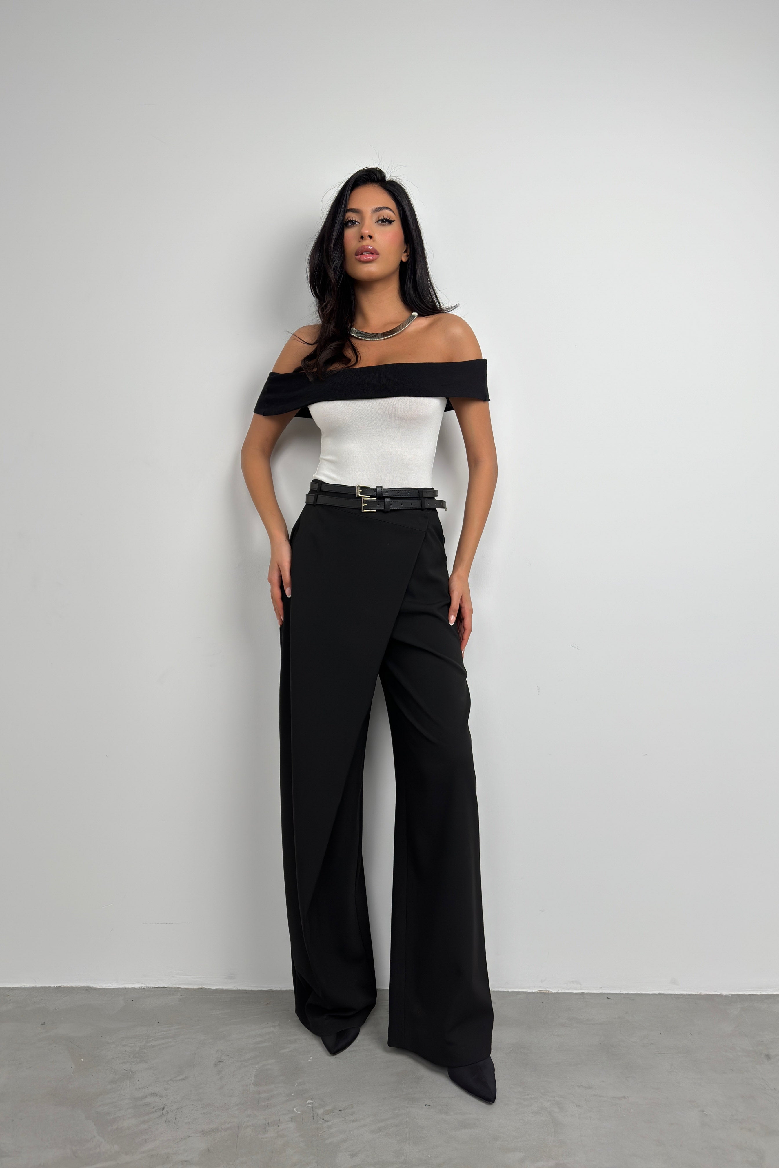 Asymmetric Double Waistted Black Pants