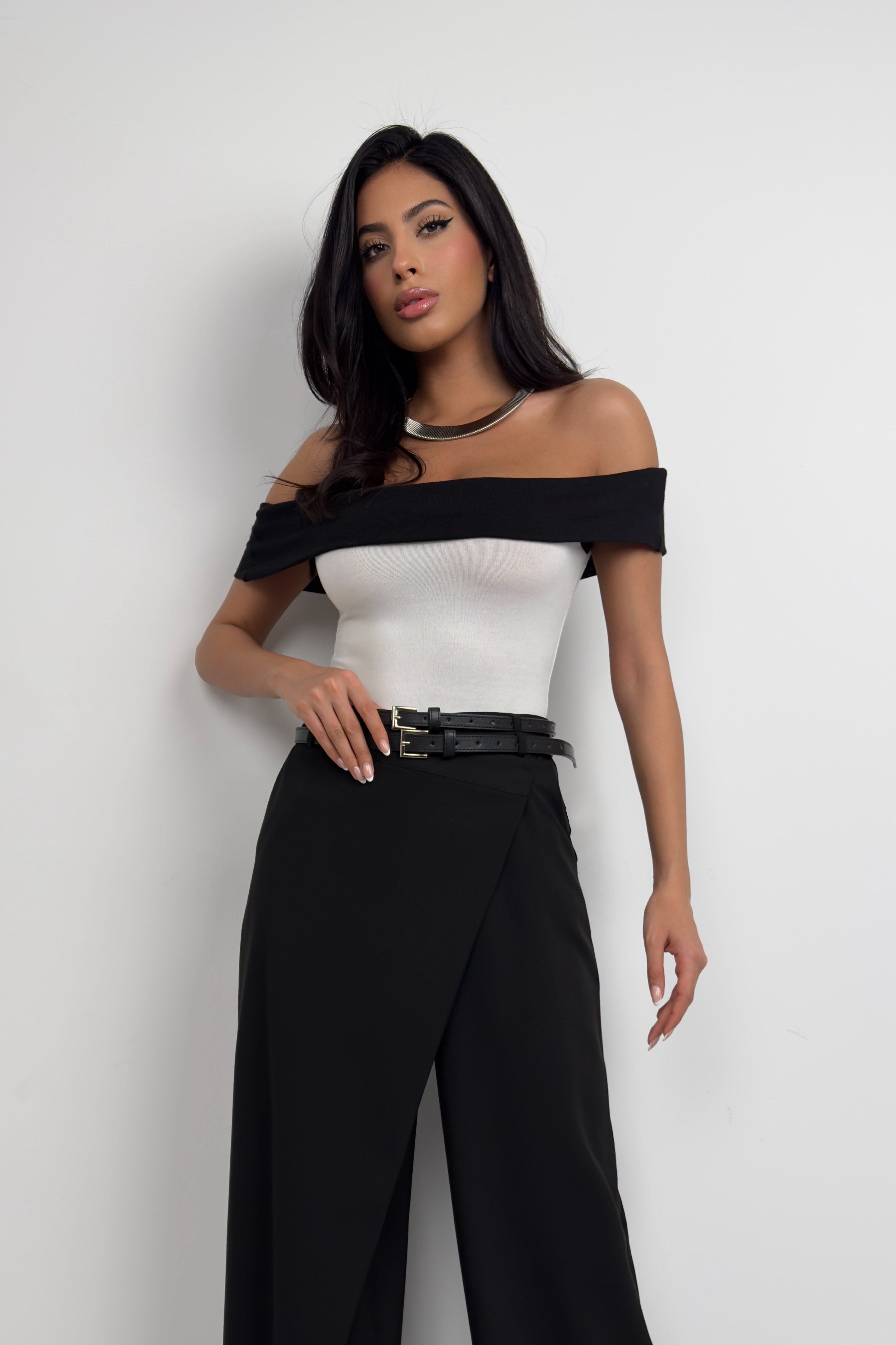 Asymmetric Double Waistted Black Pants