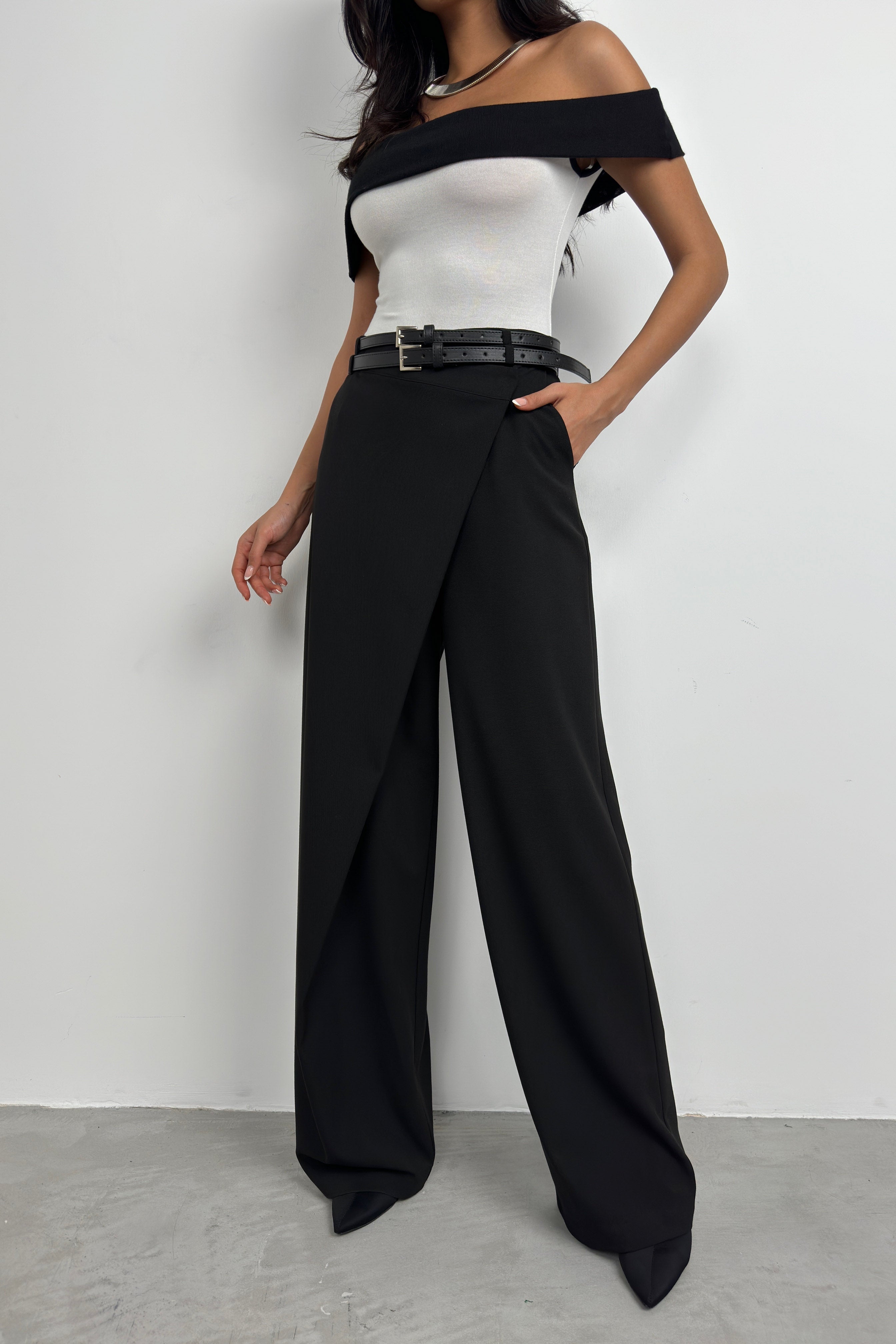 Asymmetric Double Waistted Black Pants