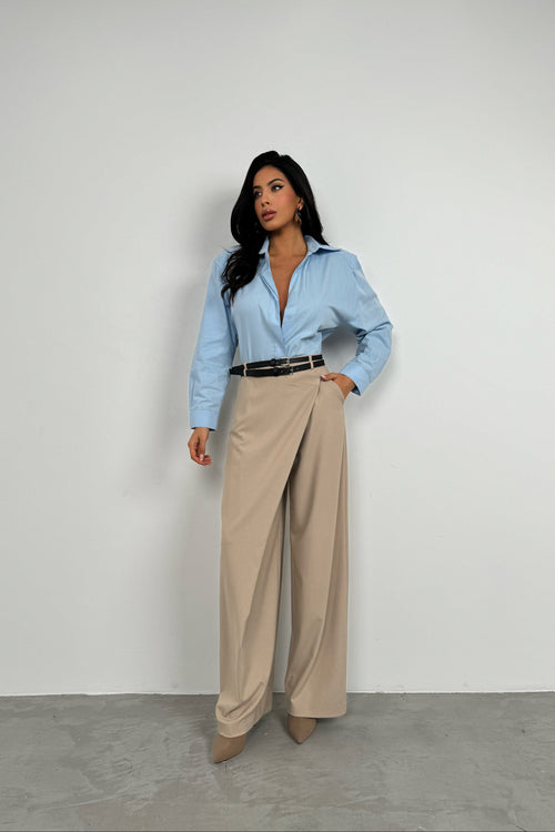 Asymmetric Double Waistted Beige Pants